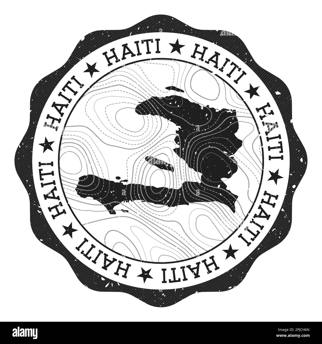 Francobollo all'aperto Haiti. Adesivo rotondo con mappa del paese con isoline topografiche. Illustrazione vettoriale. Illustrazione Vettoriale