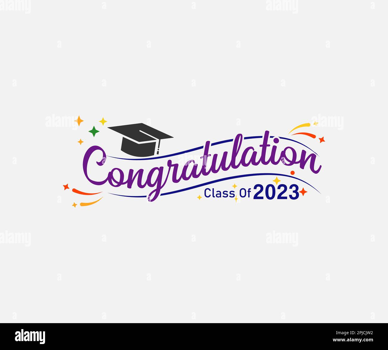 Congratulazioni! cartello di saluto per la festa di laurea. Classe di 2023. Disegno tipografico vettoriale per cerimonia di conferimento, biglietto d'invito, banner. Grad Illustrazione Vettoriale
