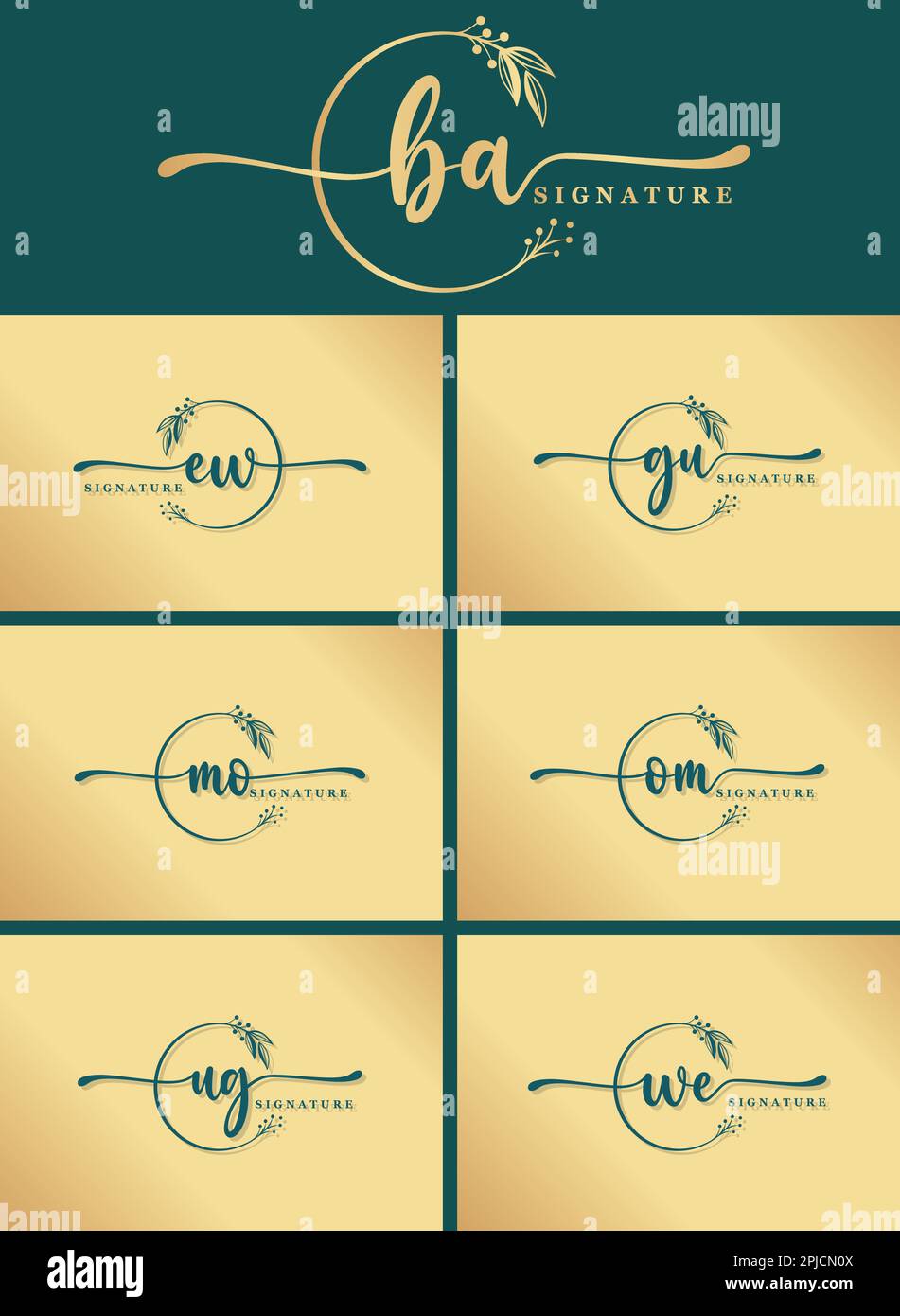 set di varie firme di lusso due lettere iniziali logo design isolato foglia e fiore isolato sfondo oro Illustrazione Vettoriale