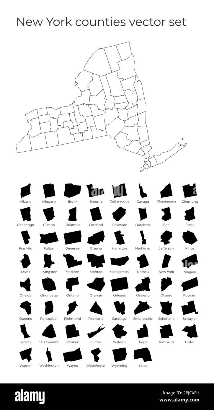 Mappa di New York con forme di regioni. Mappa vettoriale vuota dello Stato degli Stati Uniti con le contee. Confini dello stato degli Stati Uniti per la vostra infografica. Illustrazione Vettoriale