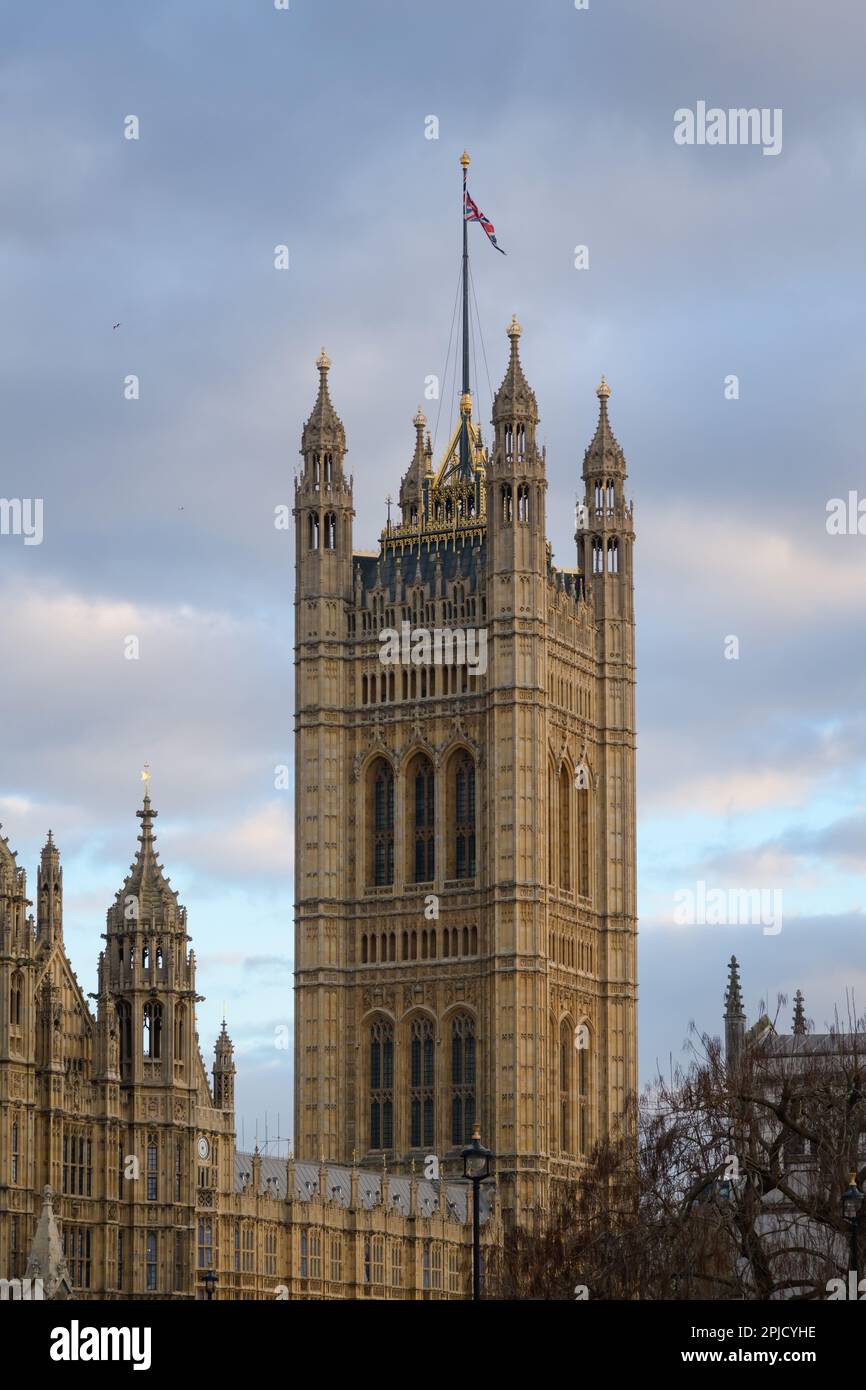 Victoria Tower presso il Palazzo di Westminster e le Case del Parlamento Foto Stock