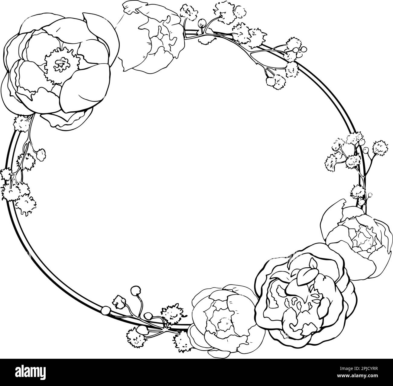 Grafica vettoriale. Disegno lineare a mano libera di peonies frame. Dalla DECORAZIONE DEI CAPELLI della collezione. Per la progettazione di siti web, biglietti da visita, etichette, stampa di poster su tessuti e piatti. Illustrazione vettoriale Illustrazione Vettoriale