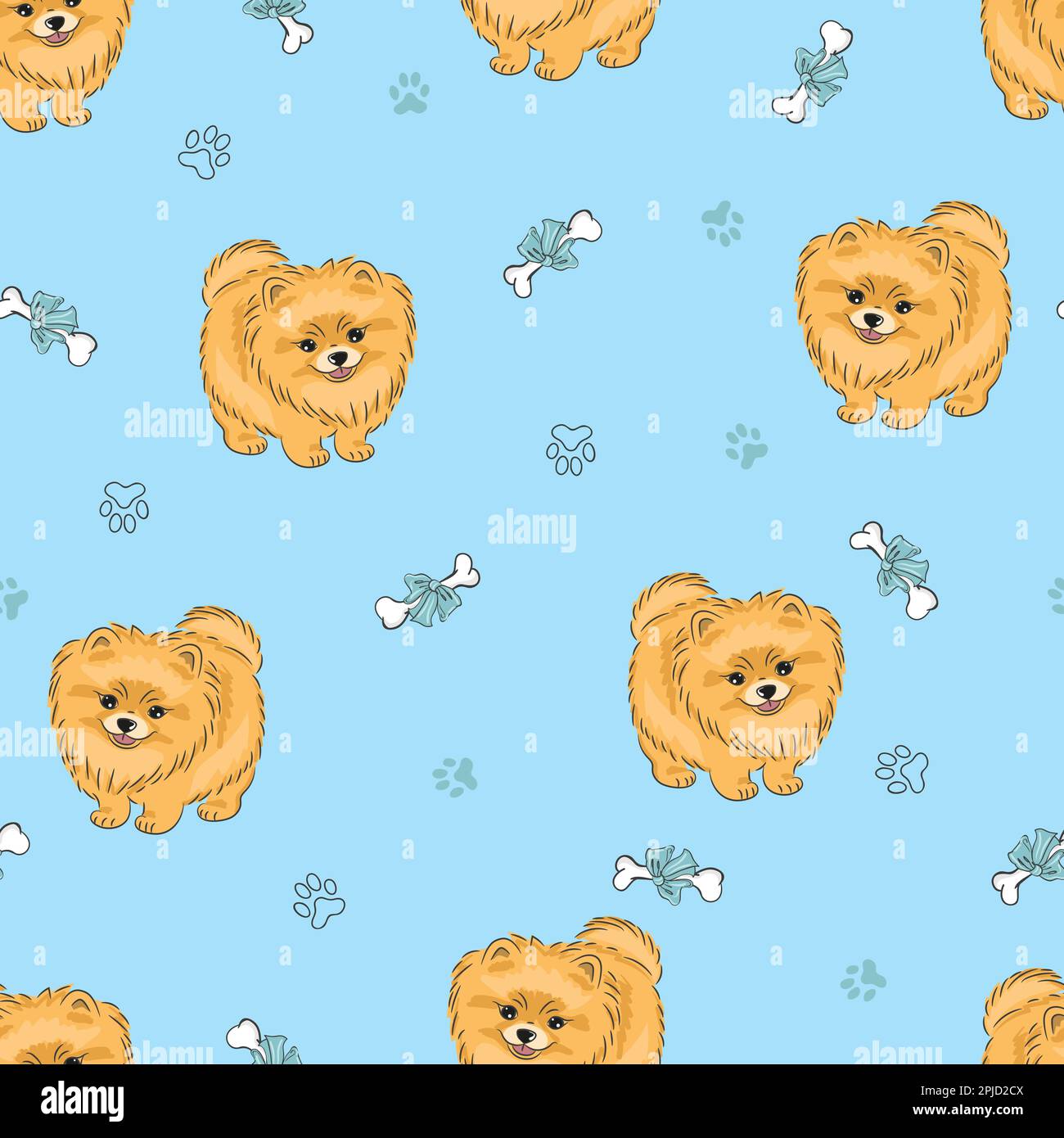 Modello senza cuciture con simpatico cucciolo pomerano sul blu. Sfondo dei cani vettoriali. Illustrazione Vettoriale