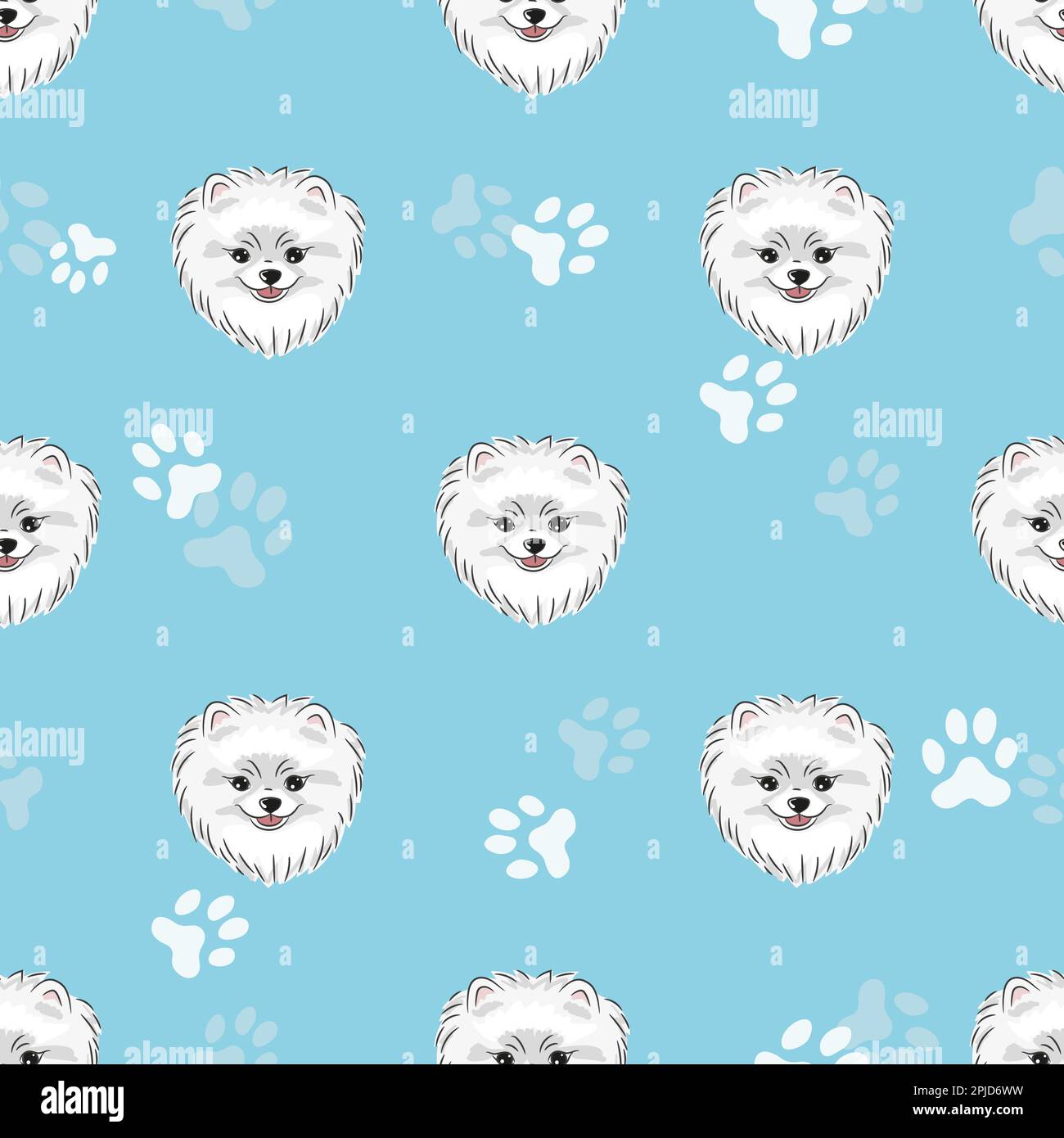 Modello senza cuciture con simpatico cucciolo di pomerania. Sfondo dei cani vettoriali. Illustrazione Vettoriale