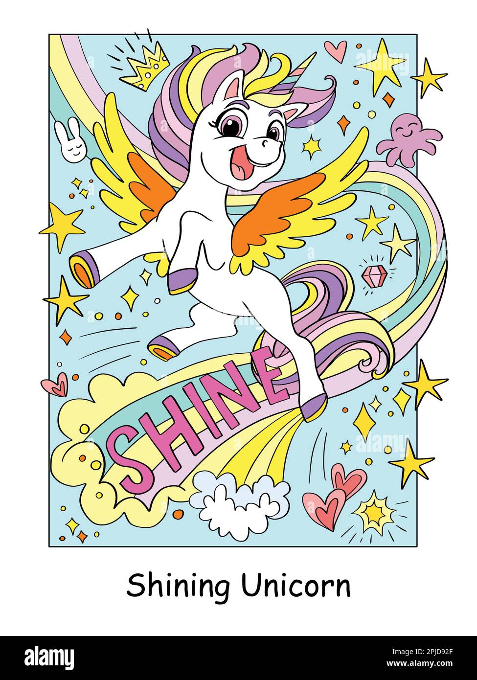 pegasus unicorno felice carino con arcobaleno e lettere luccicanti. Illustrazione vettoriale a colori dei caratteri cartoni animati. Poster Unicorn e copertina del libro. Per scheda, pri Illustrazione Vettoriale
