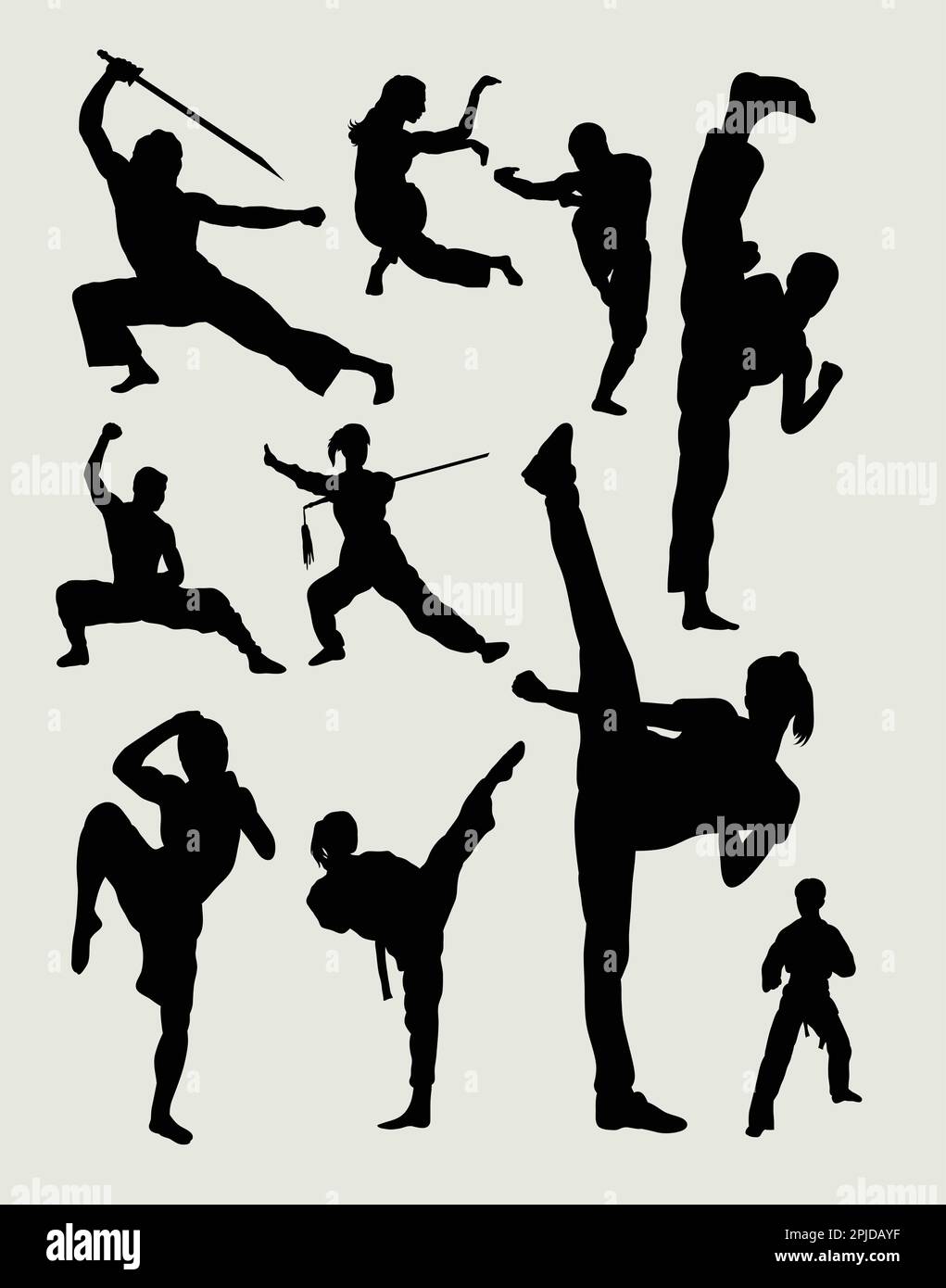 Set di silhouette Martial art posa maschile e femminile. Buon uso per simbolo, logo, icona o qualsiasi design che si desidera. Illustrazione Vettoriale