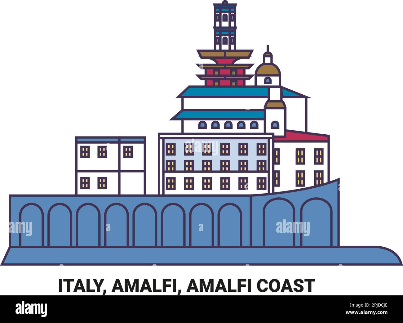 Italia, Amalfi, Costiera Amalfitana viaggio punto di riferimento vettoriale illustrazione Illustrazione Vettoriale