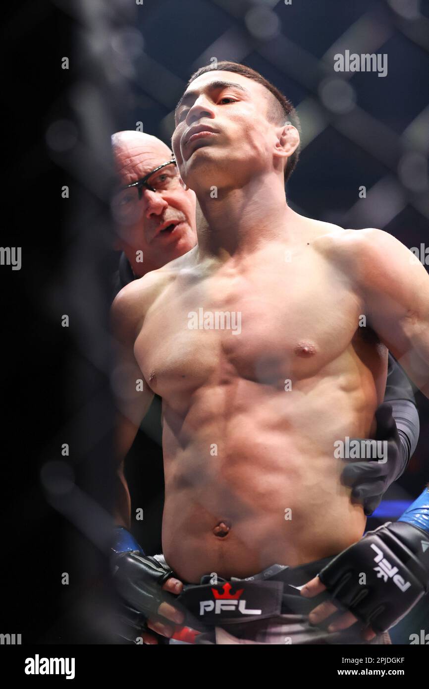 Las Vegas, Nevada, USA. 1st Apr, 2023. Daniel Torres con l'arbitro dopo un colpo basso durante la PFL 1 Regular Season Fight Night al Theater Inside the Virgin Hotel il 1 aprile 2023 a Las Vegas, Nevada. Christopher Trim/CSM/Alamy Live News Foto Stock