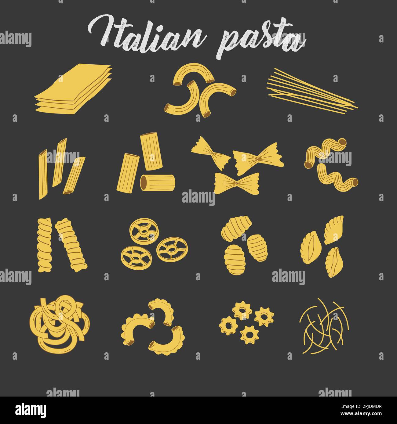 Tipi di pasta. Cucina italiana. Raccolta di prodotti da impasto. Penne, farfalle e fusilli. Tagliatelle forme. Spaghetti con scritta. Farina di grano. Cottura degli ingredienti. Banner vettoriale culinario Illustrazione Vettoriale
