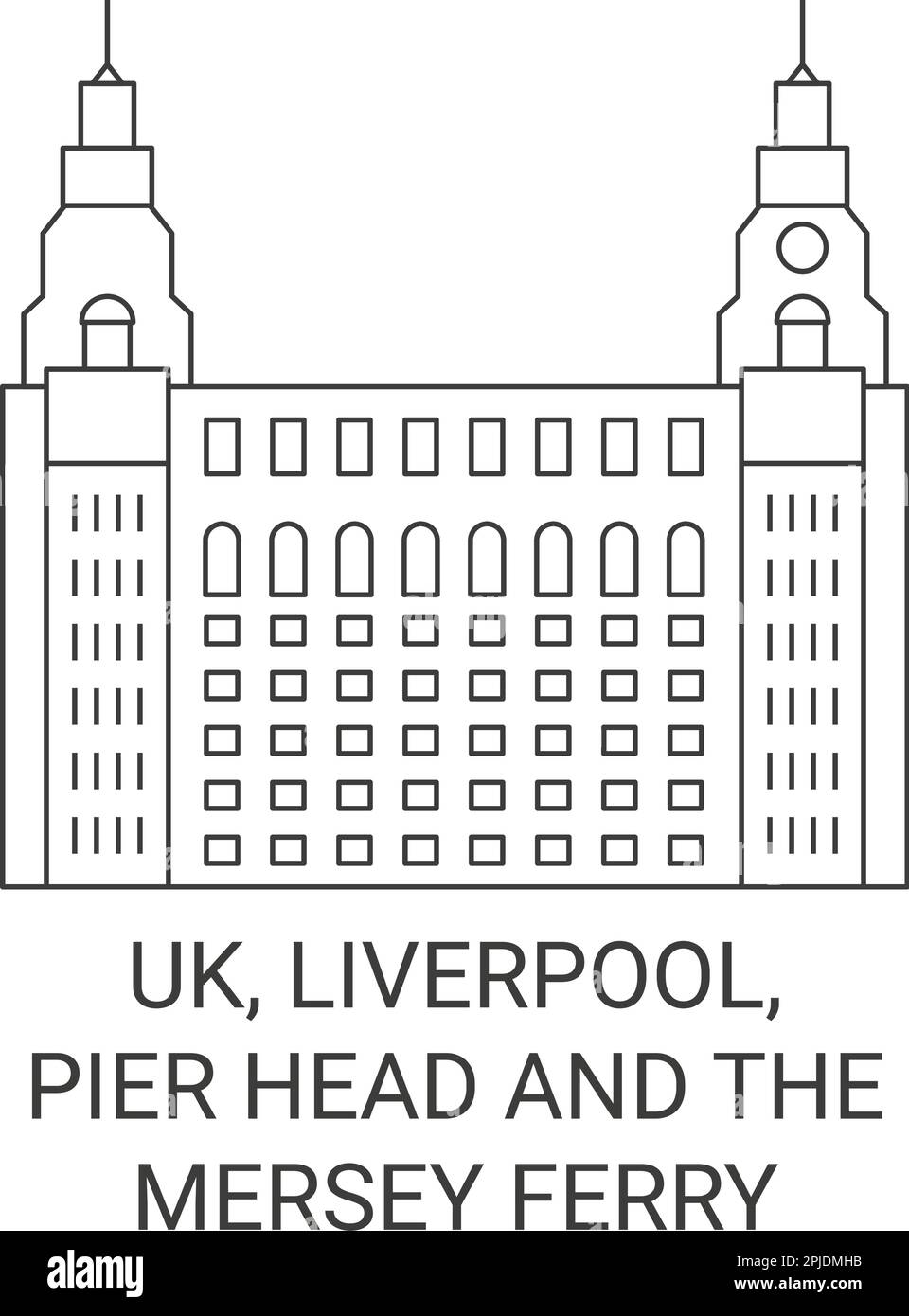 Inghilterra, Liverpool, Pier Head e il traghetto Mersey viaggio figura vettore punto di riferimento Illustrazione Vettoriale