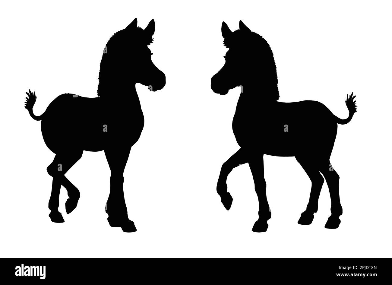 Silhouette nera di nemici. Disegnare con cavallo divertente. Modello per bambini da ritagliare. Foto Stock