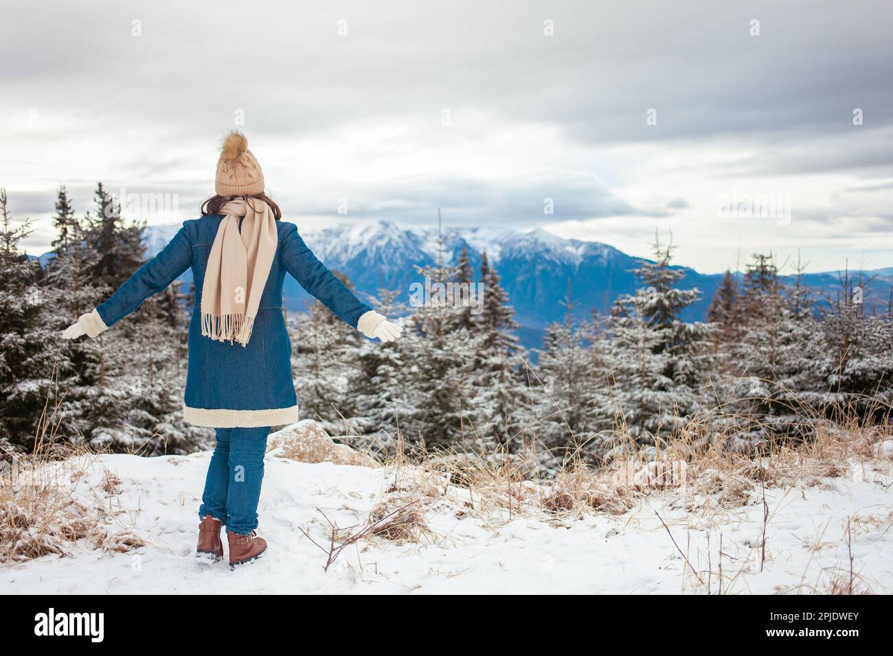 donna godrà di vista sulle montagne e la foresta, viaggio, bella natura, inverno. cappotto blu ritratto Foto Stock