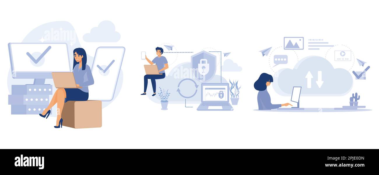Software cloud, tecnologia SaaS, sicurezza del cloud computing, motore basato su cloud, protezione dei dati, applicazione virtuale, set flat vettoriale moderno illustrati Illustrazione Vettoriale