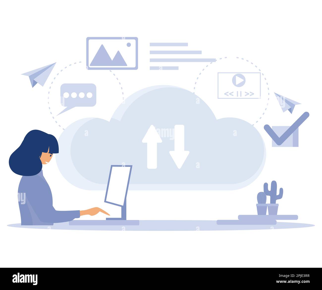 Concetto di software cloud, tecnologia SaaS, sicurezza del cloud computing, motore basato su cloud, protezione dei dati, applicazione virtuale, flat vettoriale moderna illust Illustrazione Vettoriale