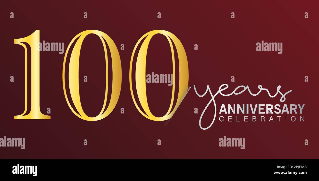 100th° anniversario festeggiamento numero di logo colore oro con sfondo rosso. vector anniversario per celebrazione, biglietto di invito, e saluto Illustrazione Vettoriale