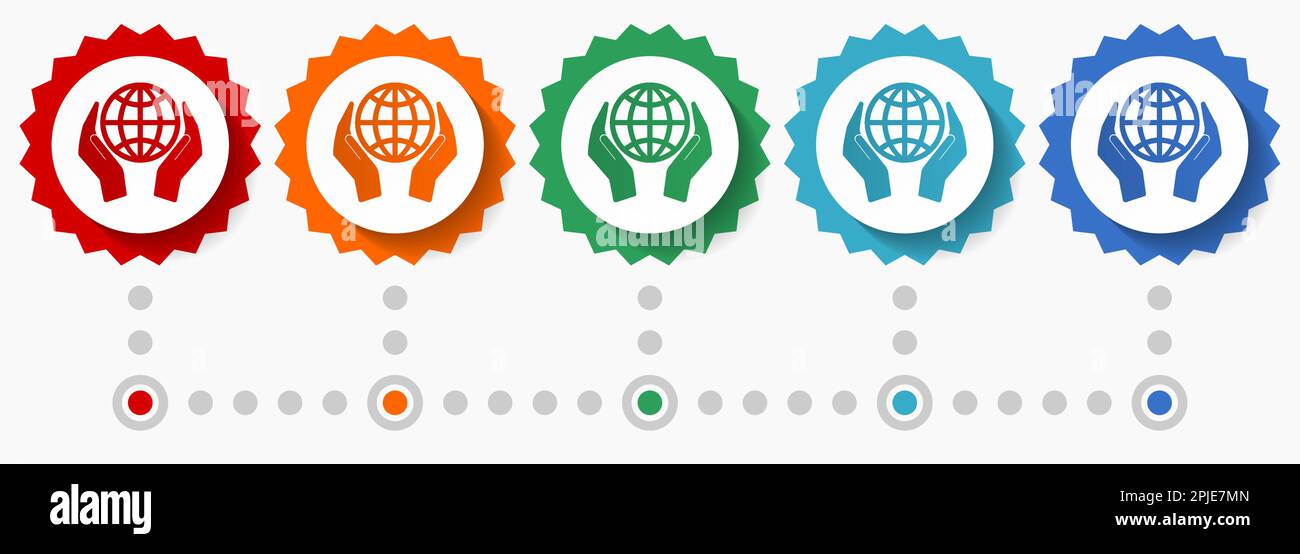 Set di icone vettoriali per l'ambiente del pianeta per la cura delle mani, modello infografico colorato, set di icone a forma piatta con badge in 5 colori Illustrazione Vettoriale