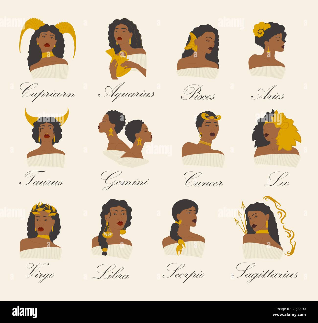 Set di illustrazioni vettoriali cartoni animati astrologici contemporanei. Oroscopo simboli di calendario personalità. Set di caratteri per la stampa Illustrazione Vettoriale