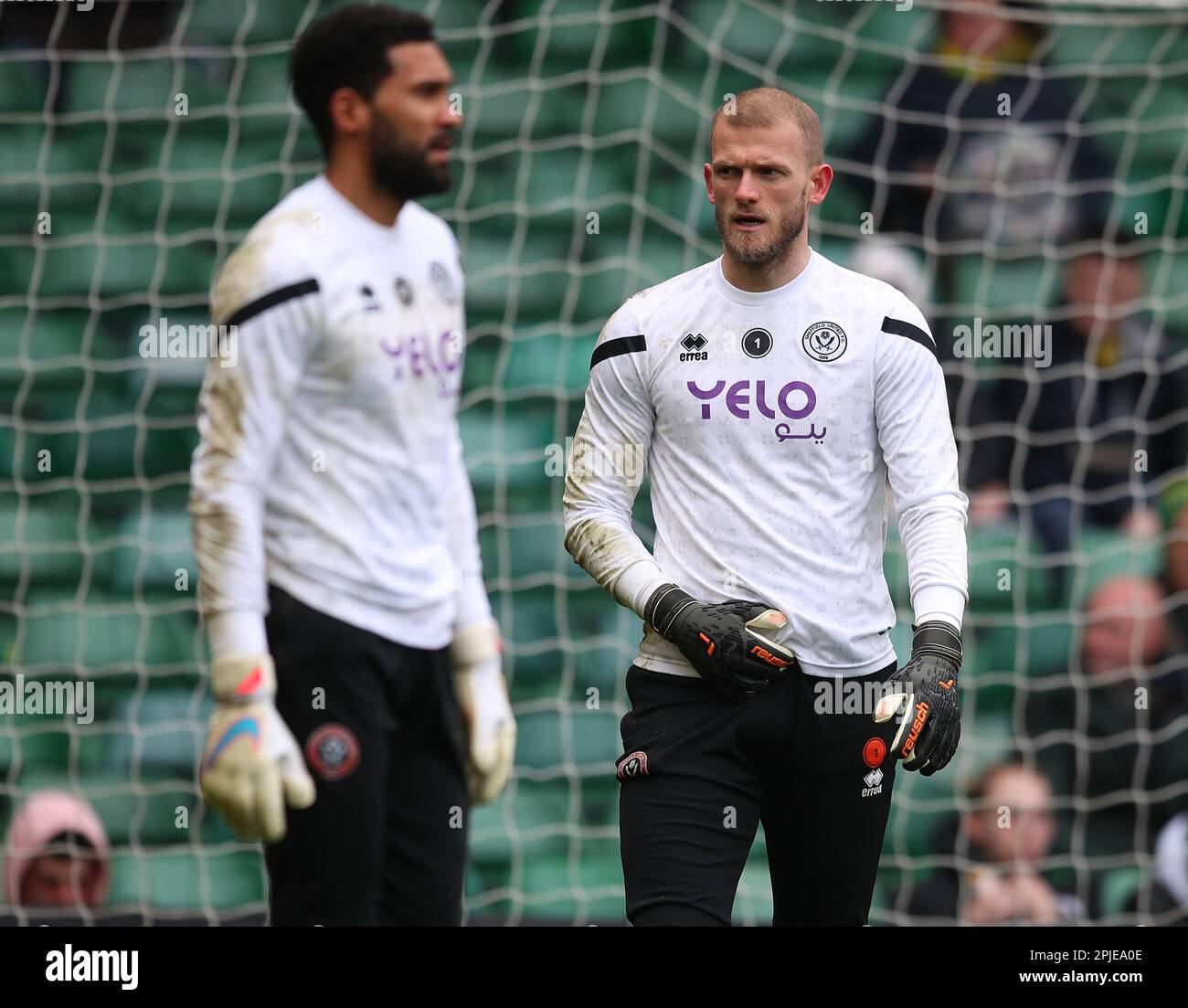 Norwich, Regno Unito. 1st Apr, 2023. Adam Davies di Sheffield Utd durante la partita del campionato Sky Bet a Carrow Road, Norwich. Il credito per le immagini dovrebbe essere: Simon Bellis/Sportimage Credit: Sportimage/Alamy Live News Foto Stock