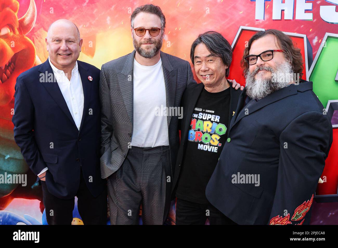 LOS ANGELES, CALIFORNIA, USA - APRILE 01: Chris Meledandri, Seth Rogen, Shigeru Miyamoto e Jack Black arrivano alla Los Angeles Special Screening of Universal Pictures, Nintendo and Illumination Entertainment's 'The Super Mario Bros. Film tenuto al Regal Cinemas LA Live & 4DX Movie il 1 aprile 2023 a Los Angeles, California, Stati Uniti. (Foto di Xavier Collin/Image Press Agency) Foto Stock