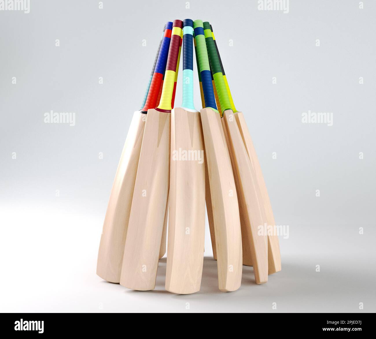 Una disposizione circolare di pipistrelli di cricket con varie impugnature colorate su uno studio isolato - rendering 3D Foto Stock