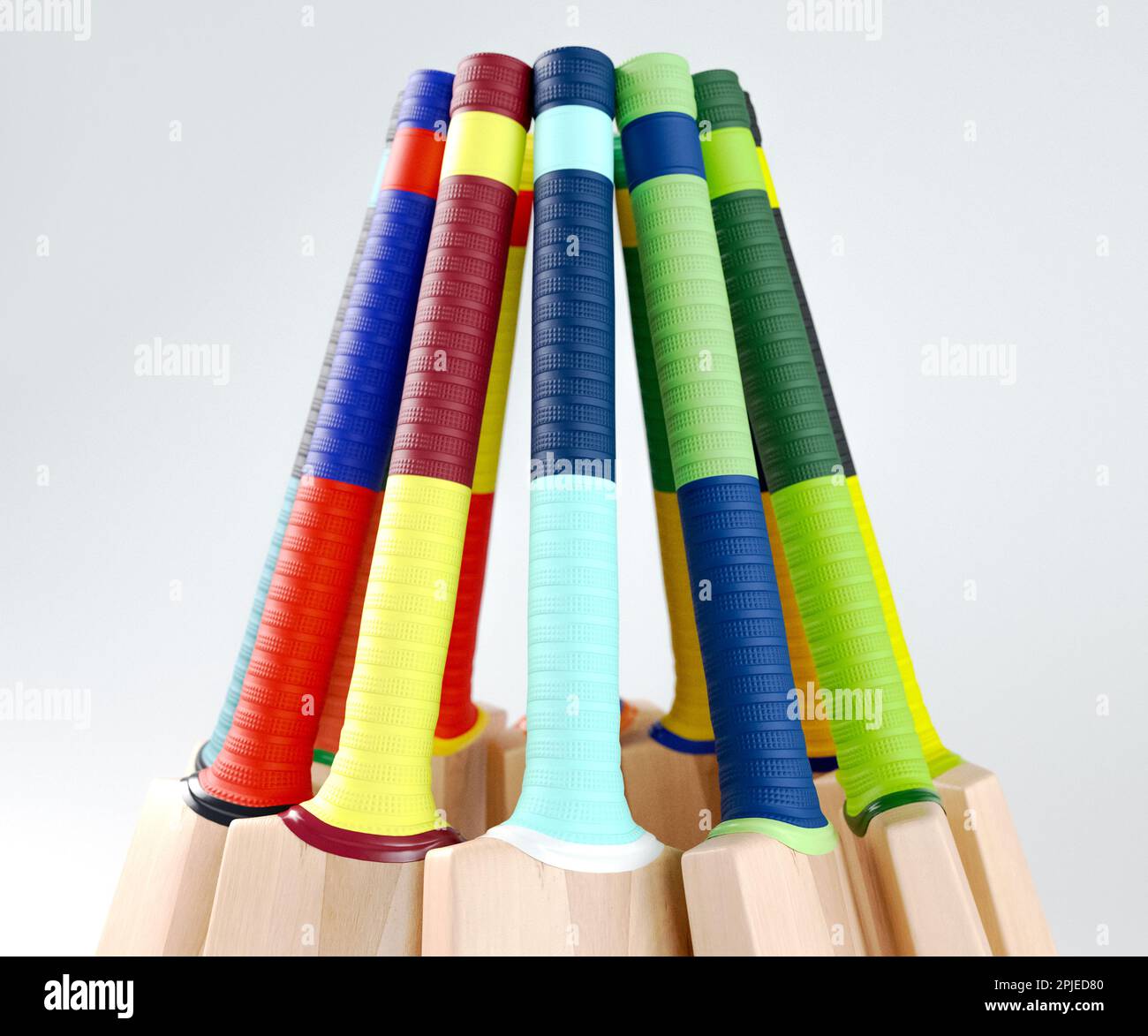 Una disposizione circolare di pipistrelli di cricket con varie impugnature colorate su uno studio isolato - rendering 3D Foto Stock