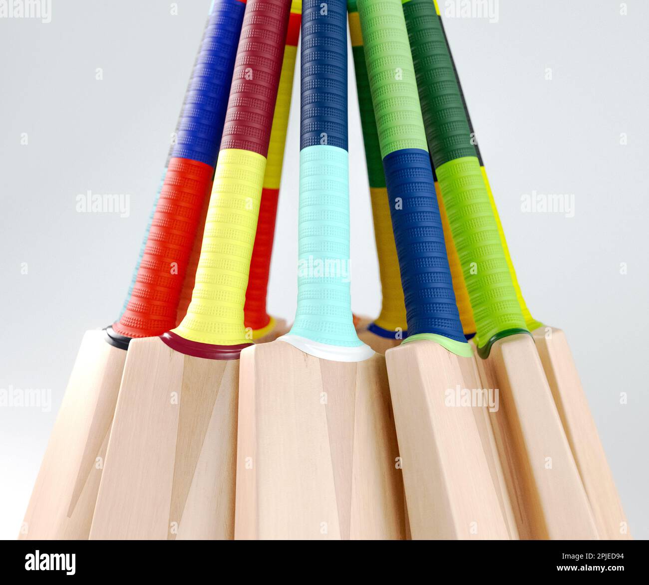 Una disposizione circolare di pipistrelli di cricket con varie impugnature colorate su uno studio isolato - rendering 3D Foto Stock