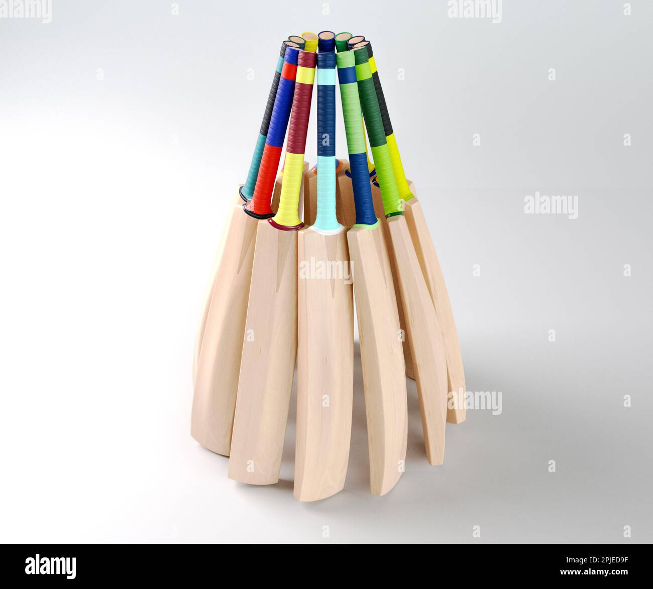 Una disposizione circolare di pipistrelli di cricket con varie impugnature colorate su uno studio isolato - rendering 3D Foto Stock