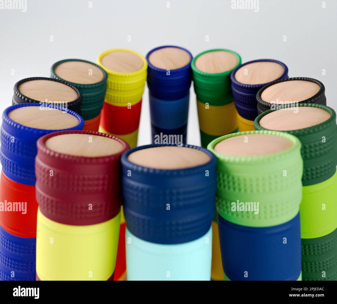 Una disposizione circolare di pipistrelli di cricket con varie impugnature colorate su uno studio isolato - rendering 3D Foto Stock