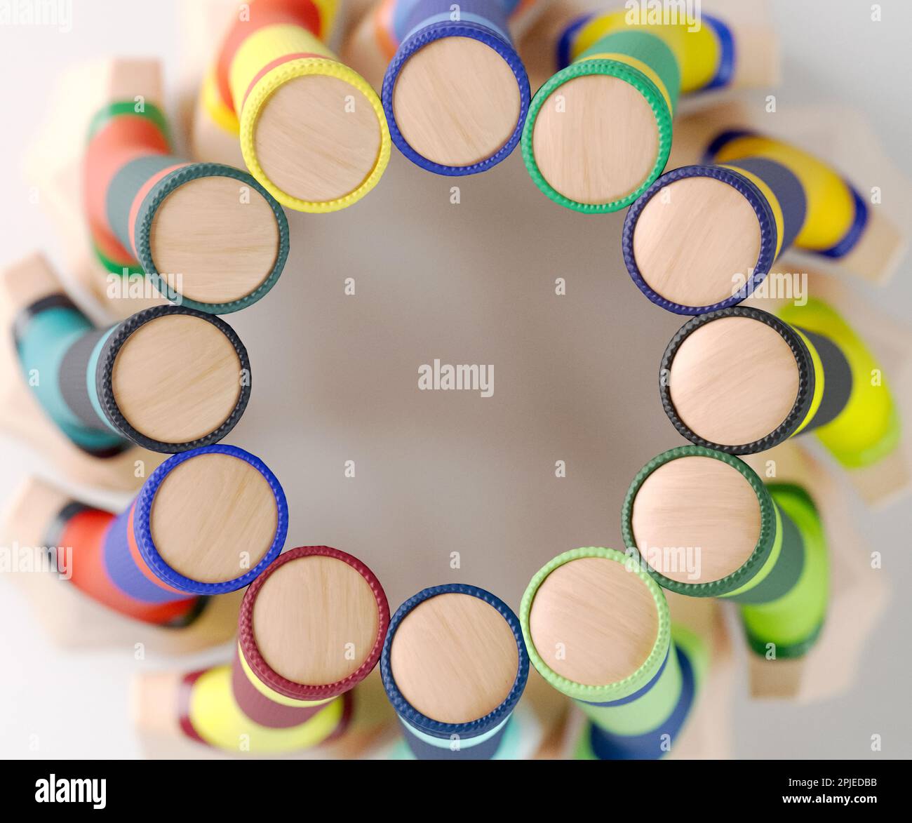 Una disposizione circolare di pipistrelli di cricket con varie impugnature colorate su uno studio isolato - rendering 3D Foto Stock