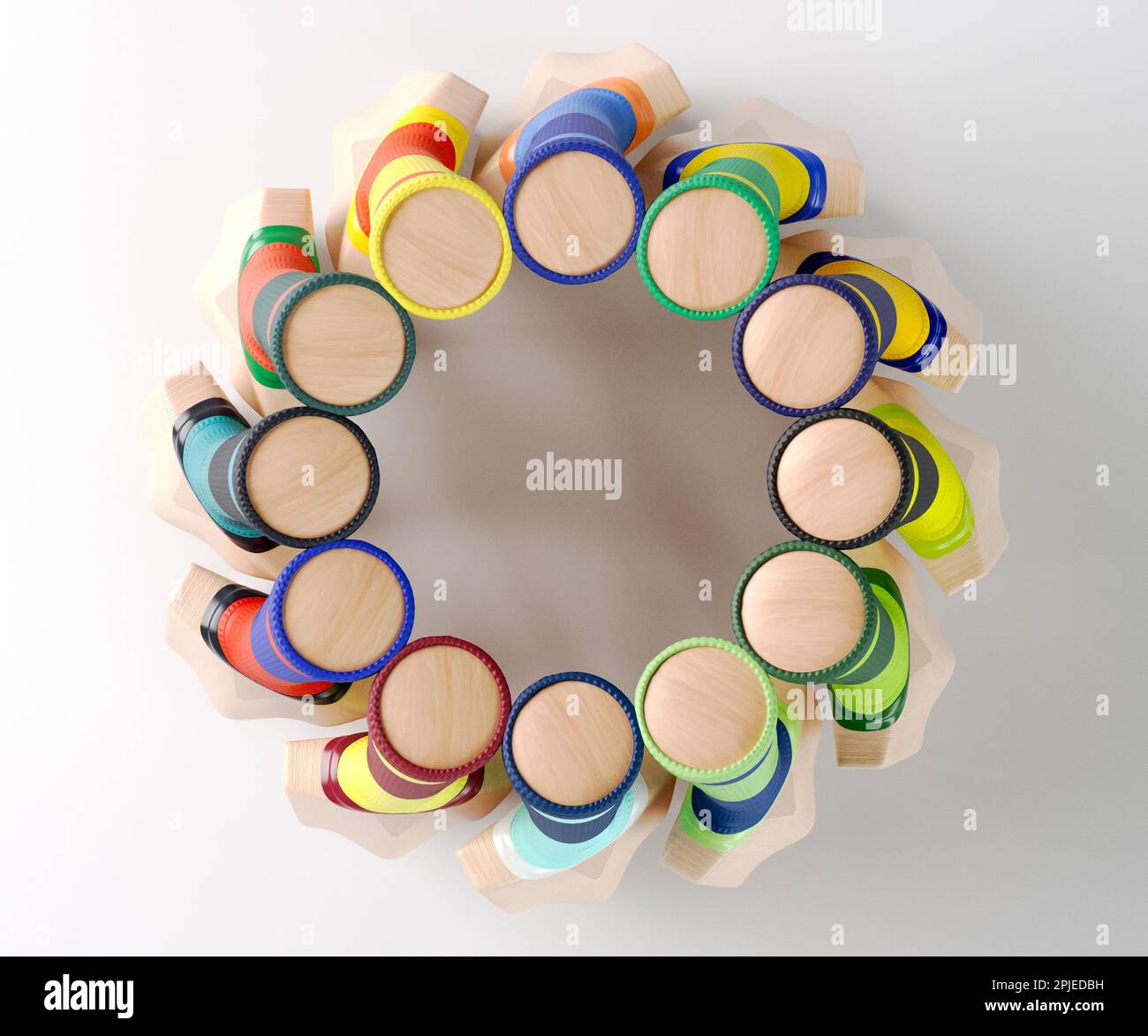 Una disposizione circolare di pipistrelli di cricket con varie impugnature colorate su uno studio isolato - rendering 3D Foto Stock