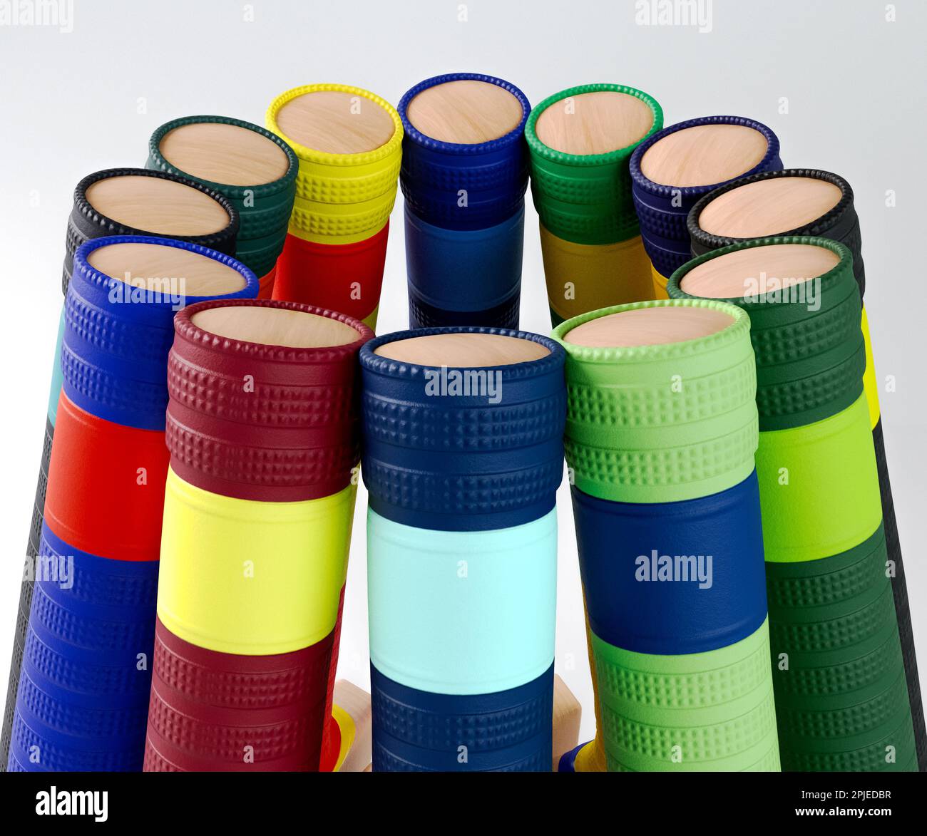 Una disposizione circolare di pipistrelli di cricket con varie impugnature colorate su uno studio isolato - rendering 3D Foto Stock