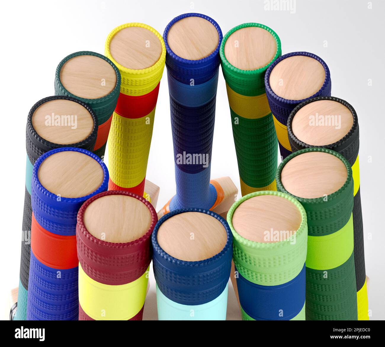Una disposizione circolare di pipistrelli di cricket con varie impugnature colorate su uno studio isolato - rendering 3D Foto Stock