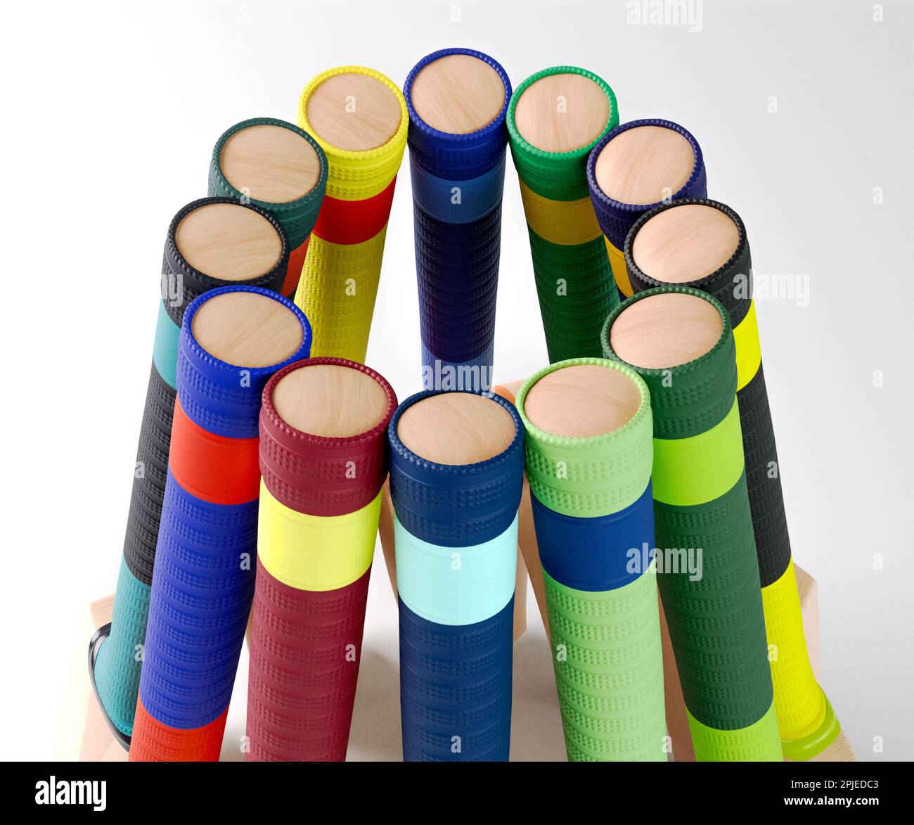 Una disposizione circolare di pipistrelli di cricket con varie impugnature colorate su uno studio isolato - rendering 3D Foto Stock