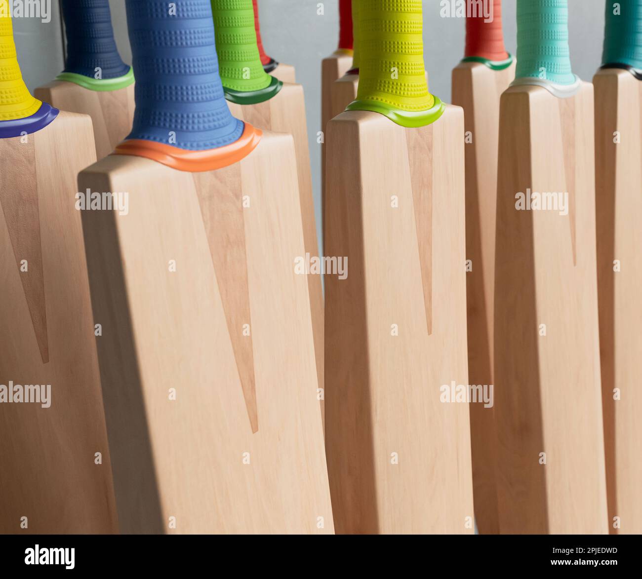 Una collezione di pipistrelli generici da cricket con varie impugnature colorate disposte su una scaffalatura espositore da scaffale - 3D render Foto Stock