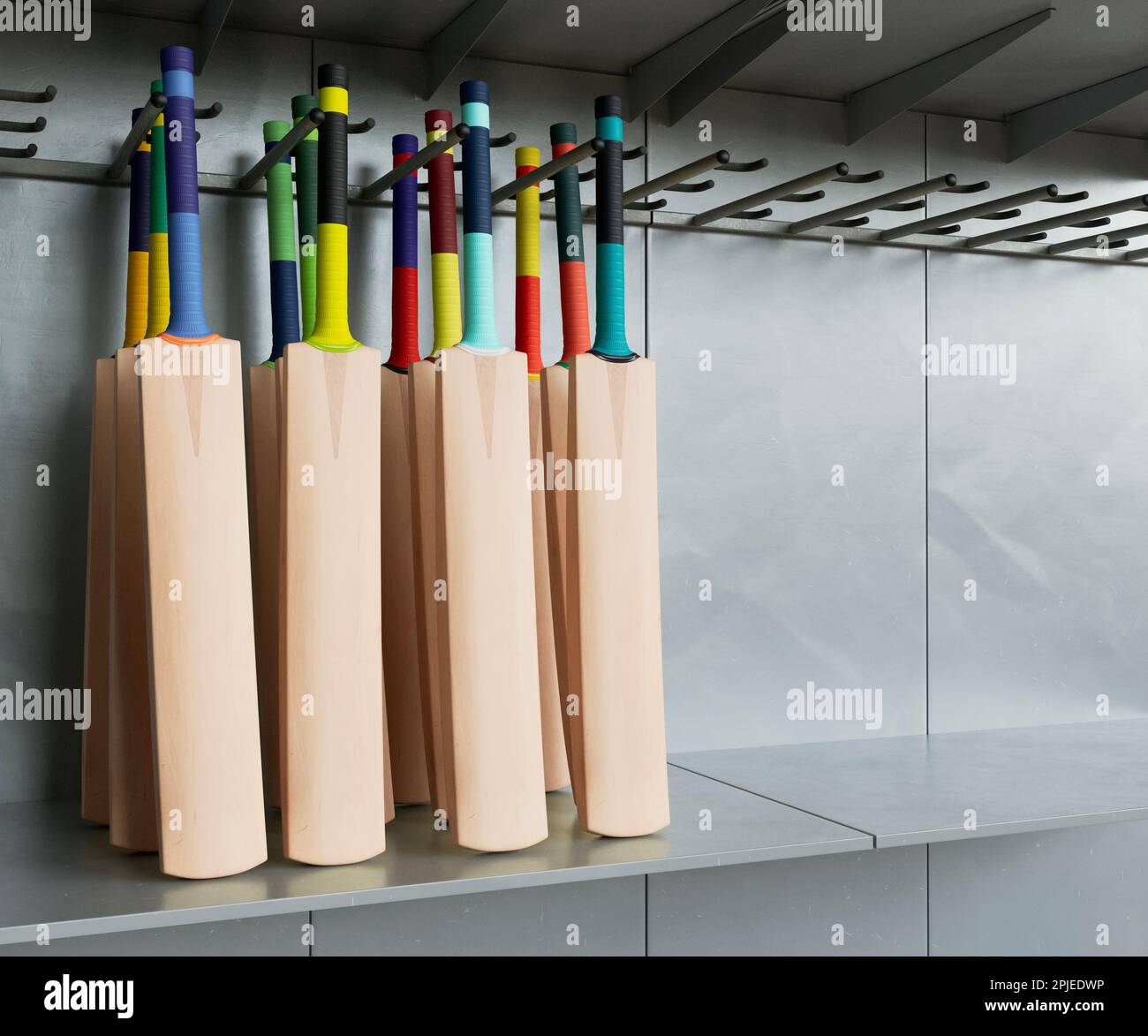 Una collezione di pipistrelli generici da cricket con varie impugnature colorate disposte su una scaffalatura espositore da scaffale - 3D render Foto Stock