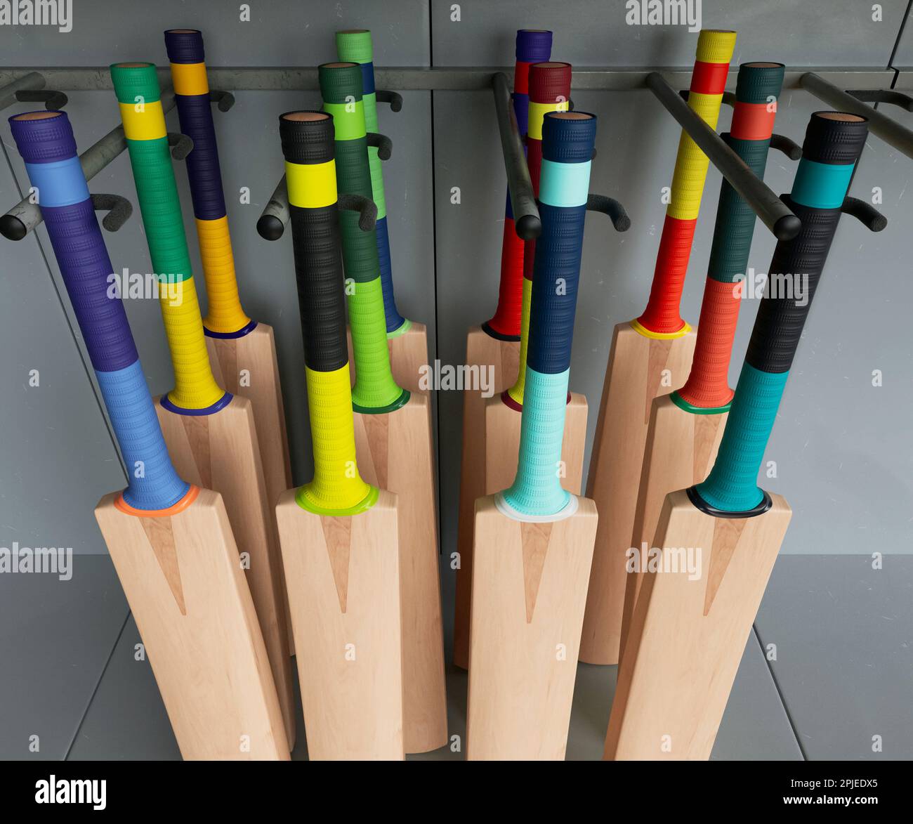 Una collezione di pipistrelli generici da cricket con varie impugnature colorate disposte su una scaffalatura espositore da scaffale - 3D render Foto Stock