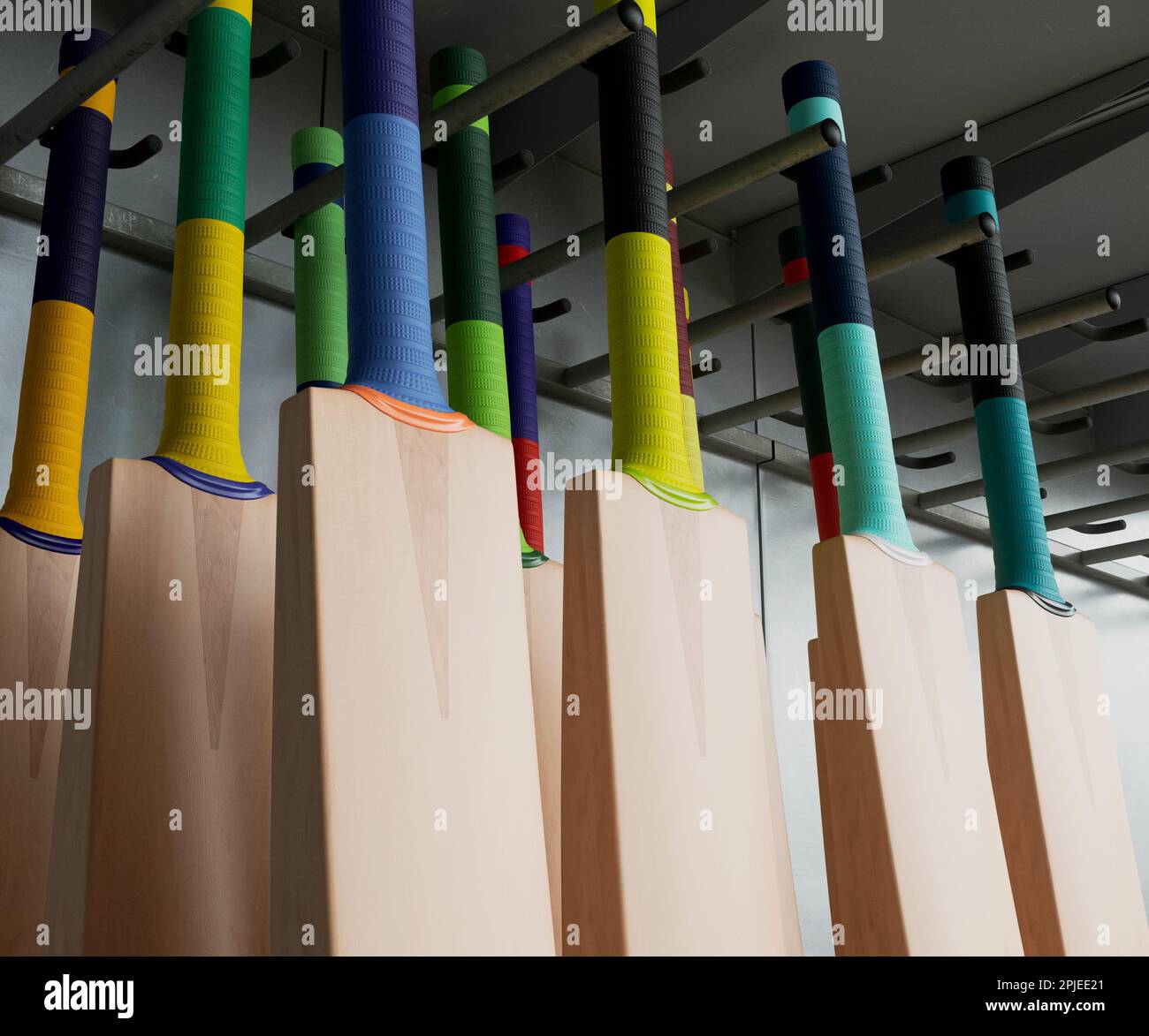Una collezione di pipistrelli generici da cricket con varie impugnature colorate disposte su una scaffalatura espositore da scaffale - 3D render Foto Stock