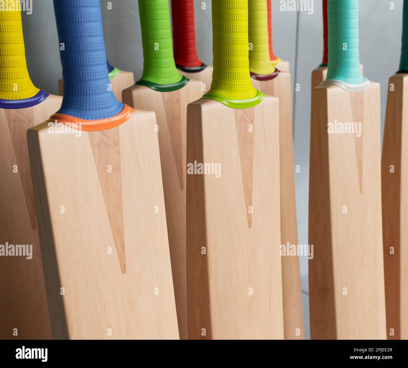 Una collezione di pipistrelli generici da cricket con varie impugnature colorate disposte su una scaffalatura espositore da scaffale - 3D render Foto Stock