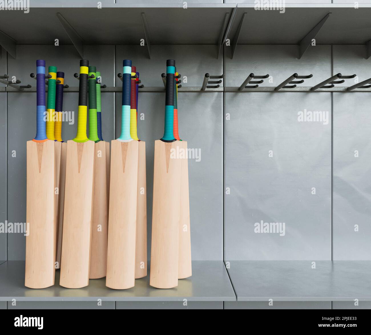 Una collezione di pipistrelli generici da cricket con varie impugnature colorate disposte su una scaffalatura espositore da scaffale - 3D render Foto Stock