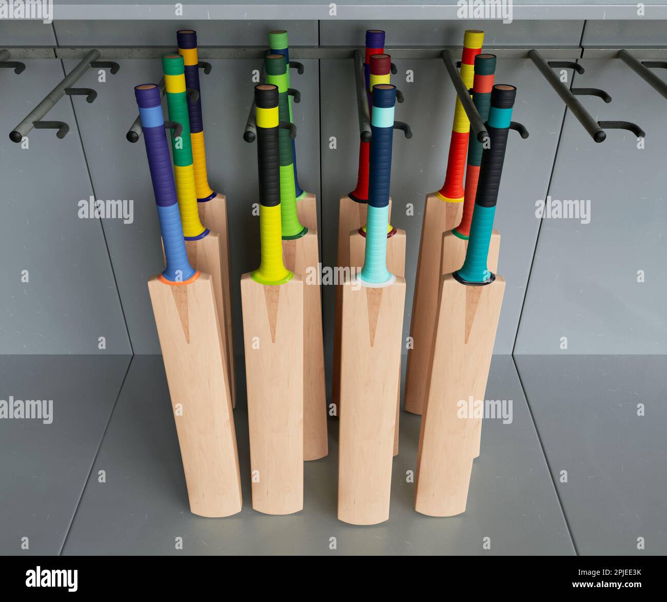 Una collezione di pipistrelli generici da cricket con varie impugnature colorate disposte su una scaffalatura espositore da scaffale - 3D render Foto Stock