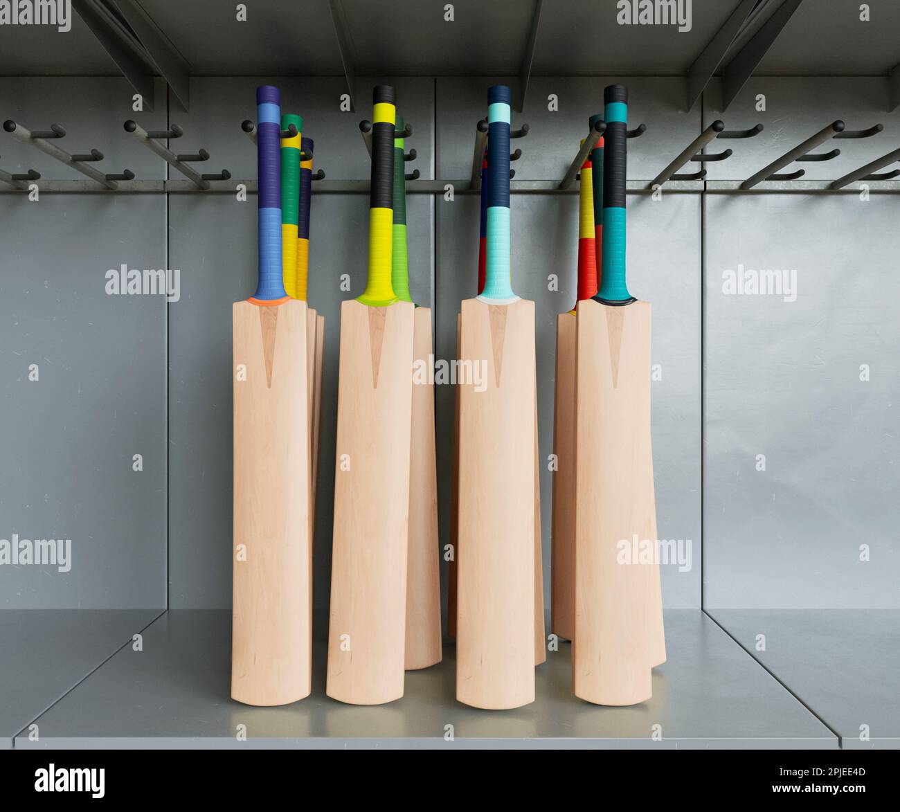 Una collezione di pipistrelli generici da cricket con varie impugnature colorate disposte su una scaffalatura espositore da scaffale - 3D render Foto Stock