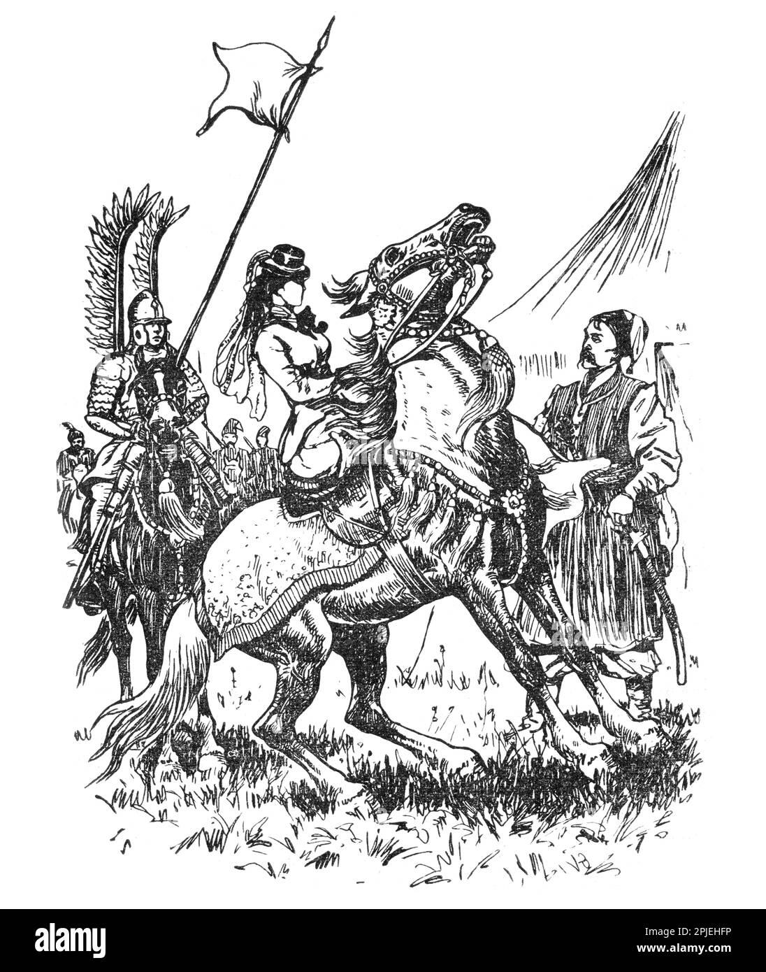 Illustrazione dal libro Bohdan Khmelnytskyi, M. Starytskyi. CIRCA 1648: Ivan Chernota e la principessa Victoria Korchevska. Principessa accompagnata da kni Foto Stock