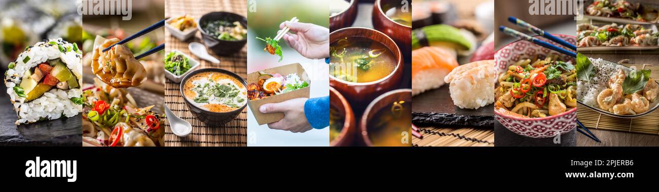 Concetto alimentare di vari pasti asiatici, tra cui sushi, tagliatelle e zuppe in una singola foto in un collage banner. Foto Stock