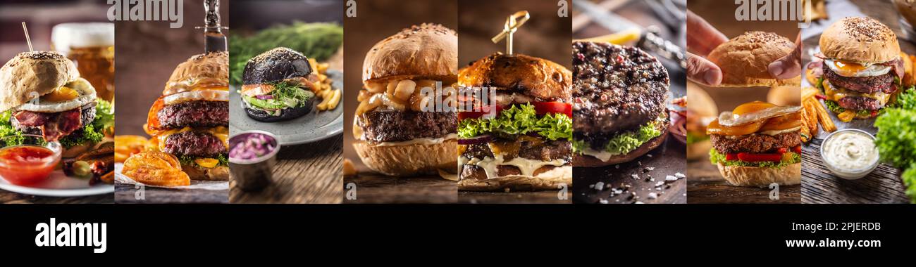 Una miscela di vari tipi di hamburger in una fotografia come un concetto di cibo tradizionale americano. Foto Stock