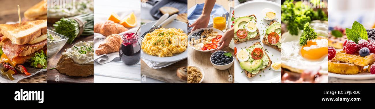 Diversi tipi di colazione in un mix di foto per il concetto di cibo del mattino pasti. Foto Stock