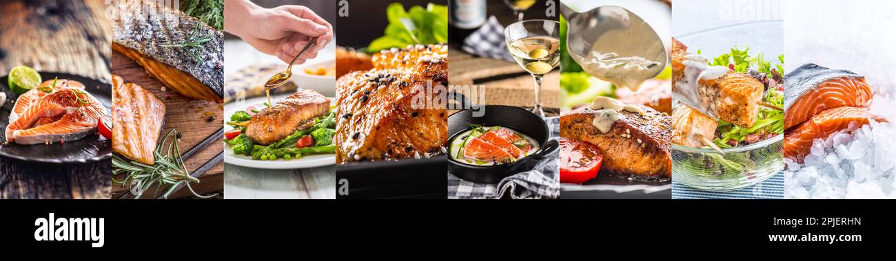 Pasti salmone concetto di cibo di piatti finiti esposti in un collage formato banner. Foto Stock