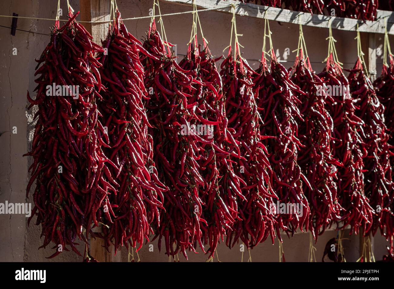 Peperoni rossi impiccati contro il muro di una casa di villaggio in Turchia, Bilecik, Çukurören Foto Stock