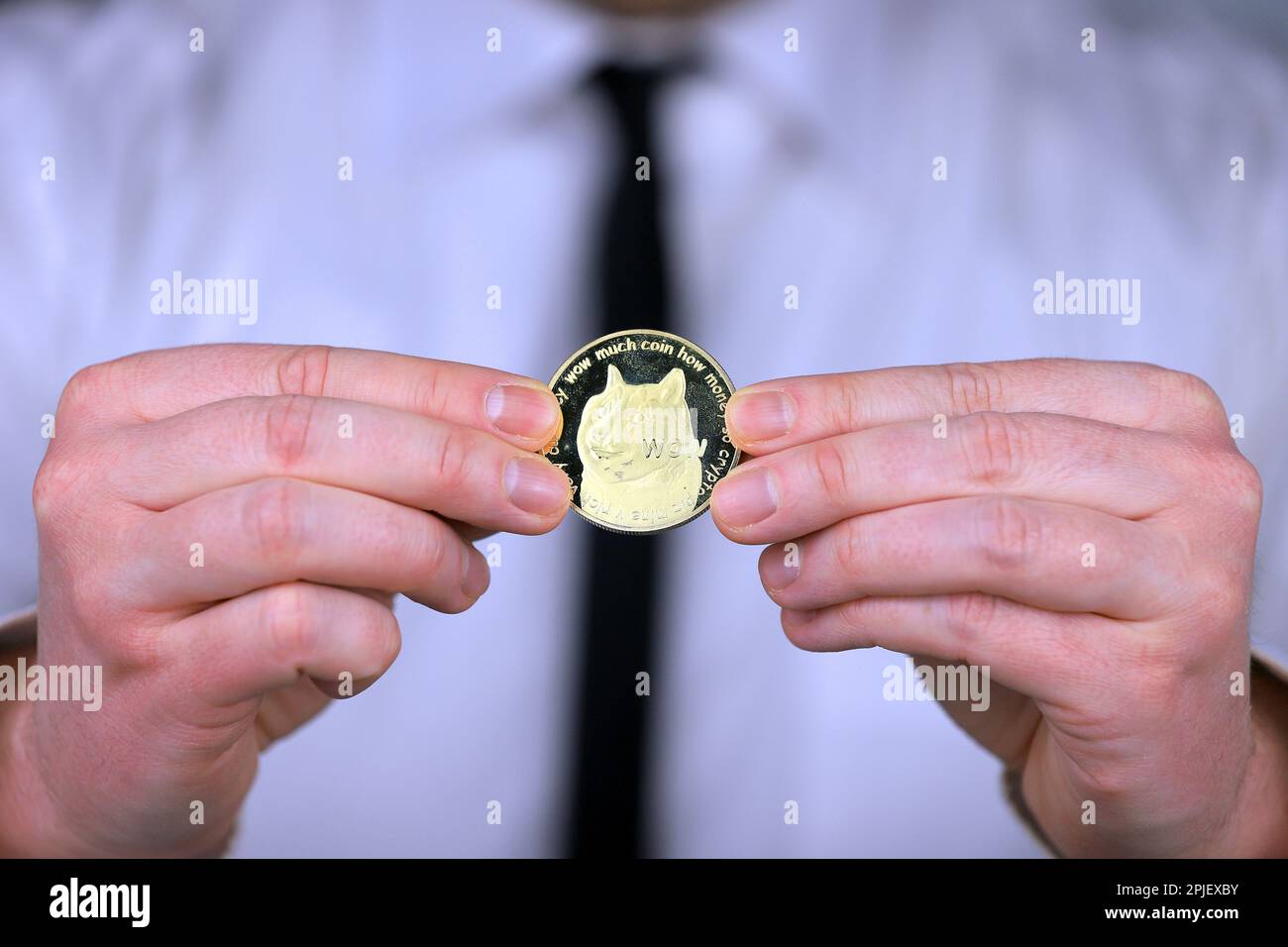 Un uomo d'affari in una camicia bianca e cravatta nera tiene una versione fisica di dogecoin nelle sue mani. Foto Stock