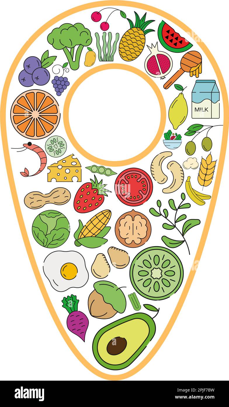 Cibo e bevande collage icona in posizione. Ristorante preferito. Set vettoriale di allergeni essenziali e icone delle linee dietetiche. Set di icone per alimenti modificabili. Illustrazione Vettoriale