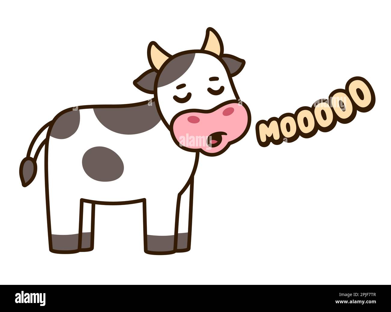 Carino cartone animato mucca dicendo Moo, divertente mano disegnata illustrazione. Disegno semplice, disegno vettoriale Illustrazione Vettoriale